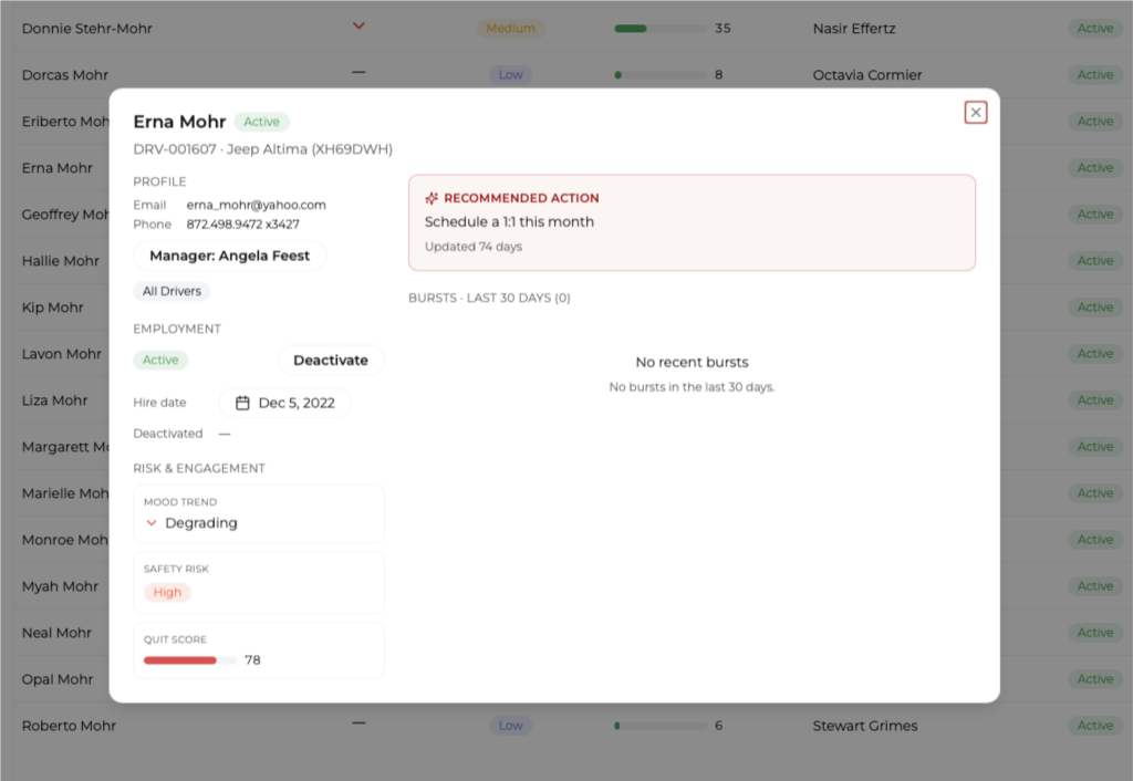 Road Pact driver detail view showing one driver's quit-risk score, mood trend, safety risk, assigned manager, and recommended action