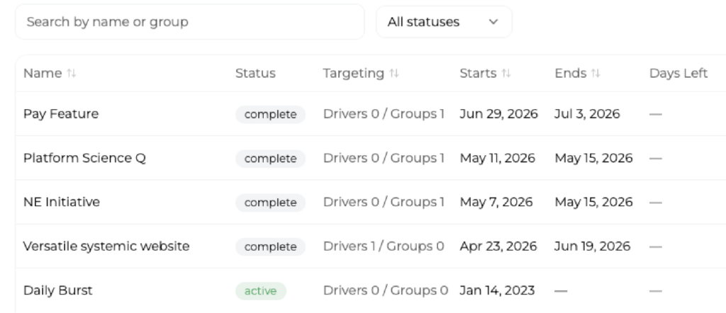 Road Pact campaigns list showing targeted check-ins sent to specific driver groups, with status and date ranges